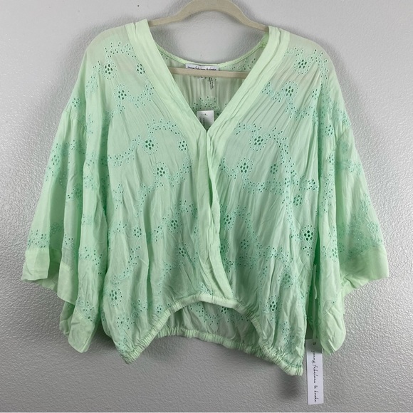 Young Fabulous & Broke Balloon Sleeve Mint Green Eyelet Wrap Top - Picture 4 of 9